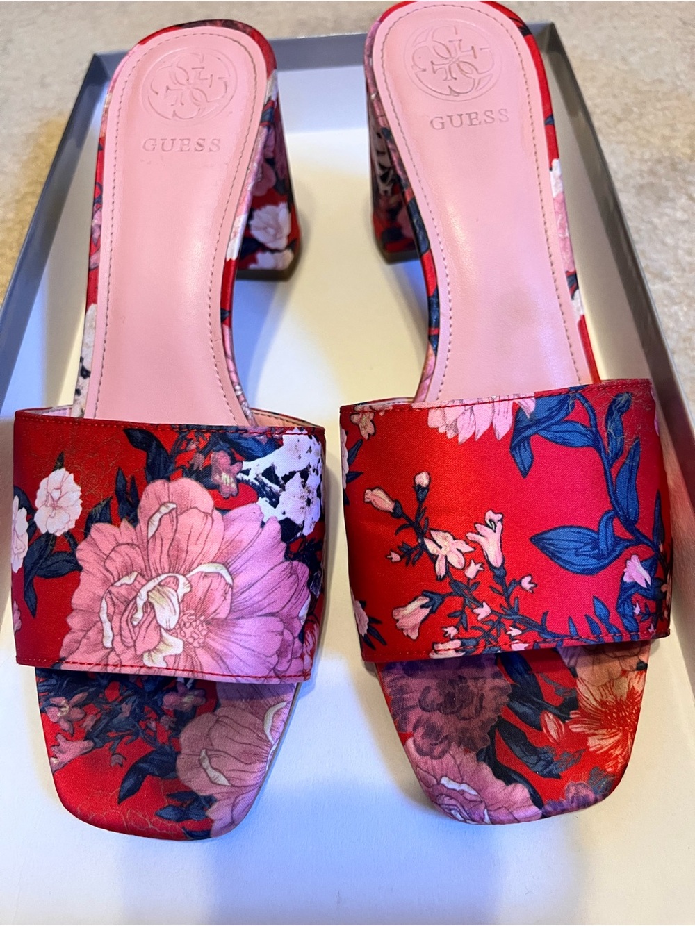 GUESS Red Floral Satin Block Heel Mules